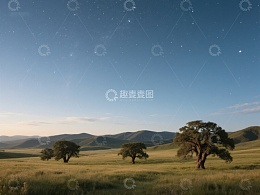 星空下的草原与孤树