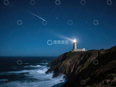 夜空下的灯塔与流星