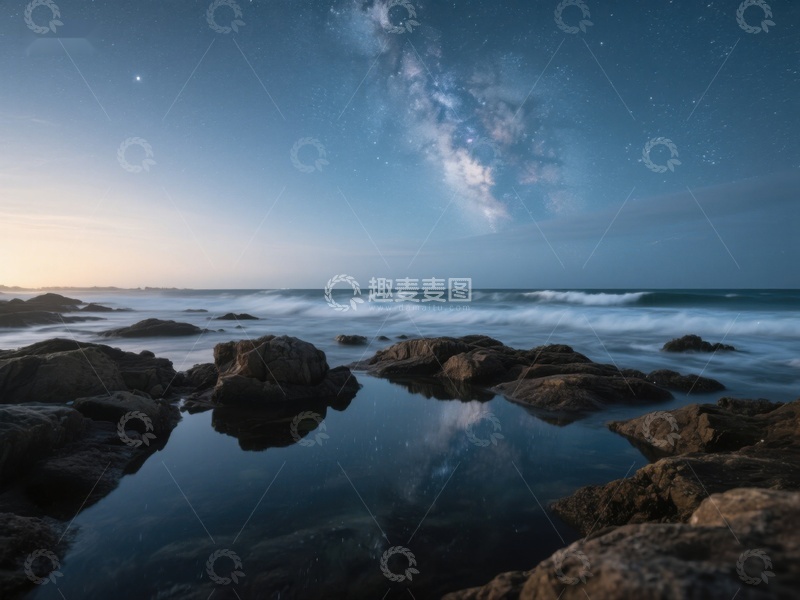 高清大图下载【趣麦麦图】夜空银河映照海岸岩石