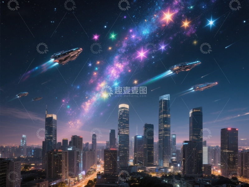 高清大图下载【趣麦麦图】未来都市夜景与星际飞船