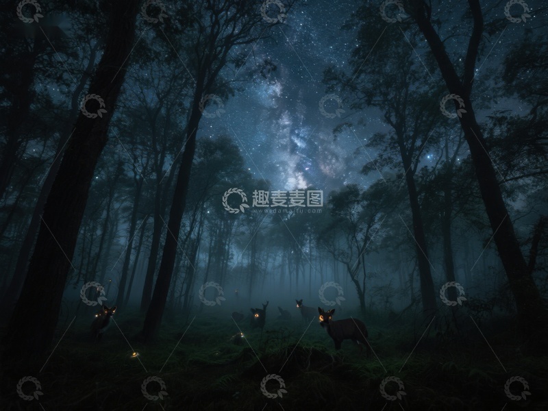 高清大图下载【趣麦麦图】夜林星光下的神秘鹿群