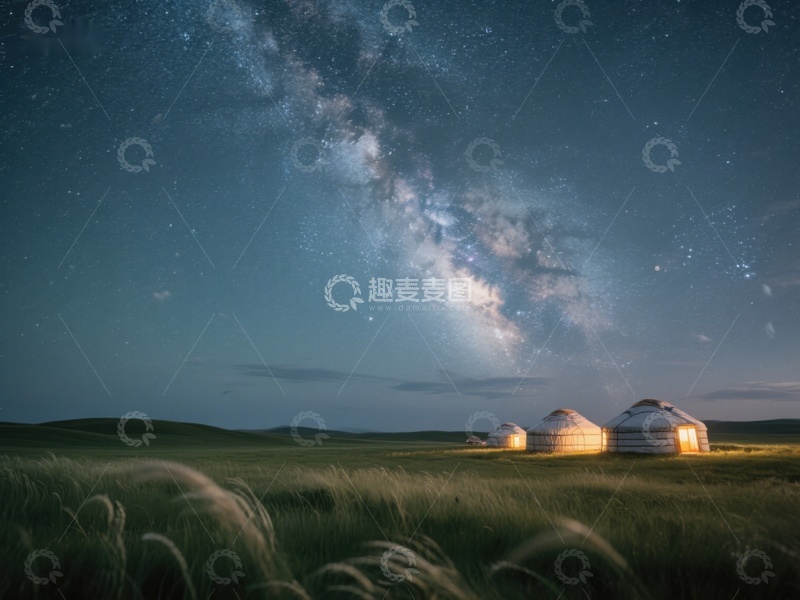 高清大图下载【趣麦麦图】草原夜景：星空下的蒙古包