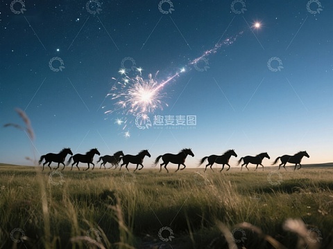 夜空下奔跑的马群与烟花