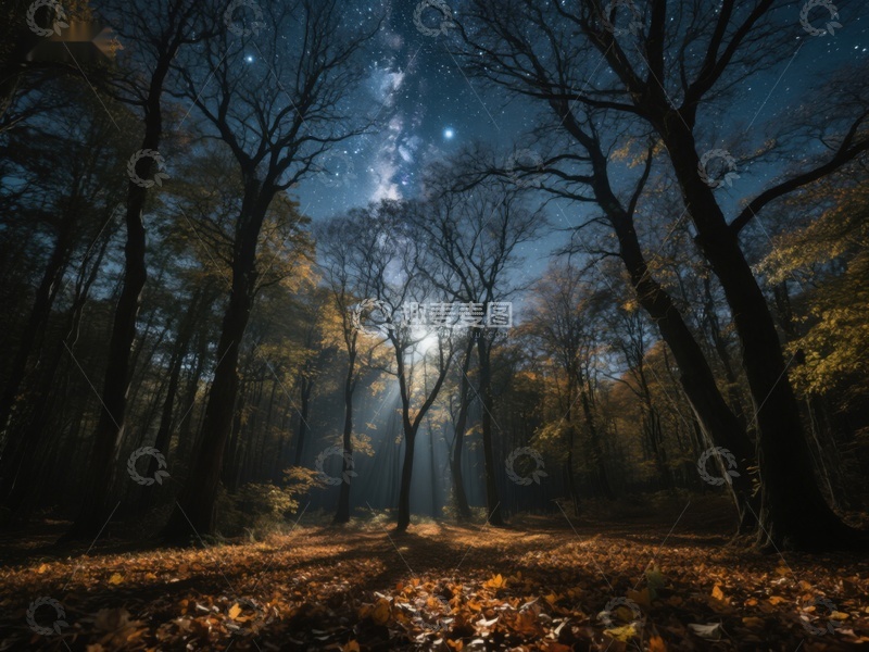 高清大图下载【趣麦麦图】秋夜森林，星光与晨雾交织