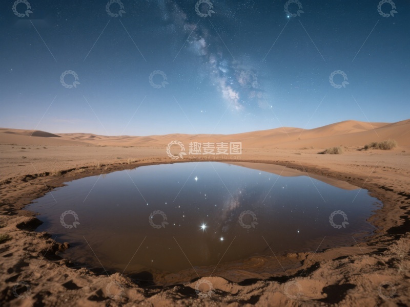 高清大图下载【趣麦麦图】沙漠夜景：星河倒映池塘
