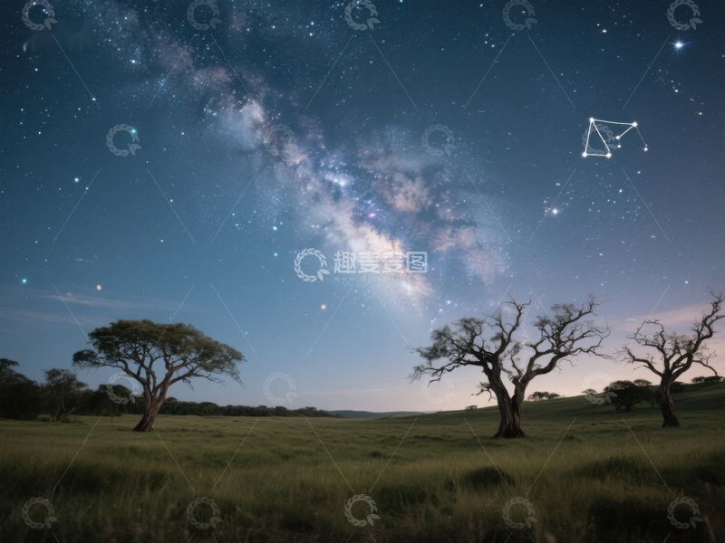 高清大图下载【趣麦麦图】星空下的草原与树木