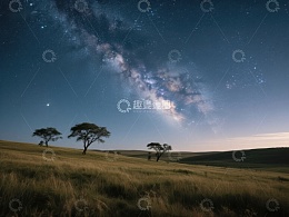 星空下的草原与孤树