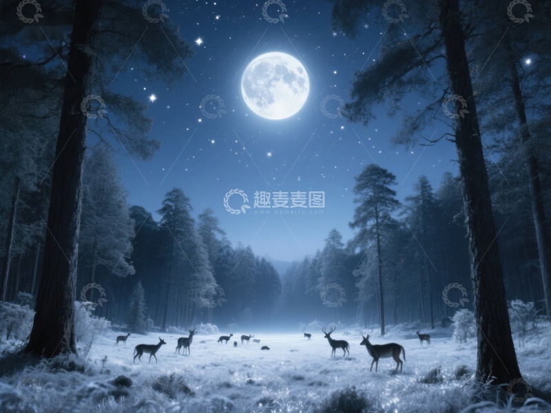 高清大图下载【趣麦麦图】月夜森林中的鹿群