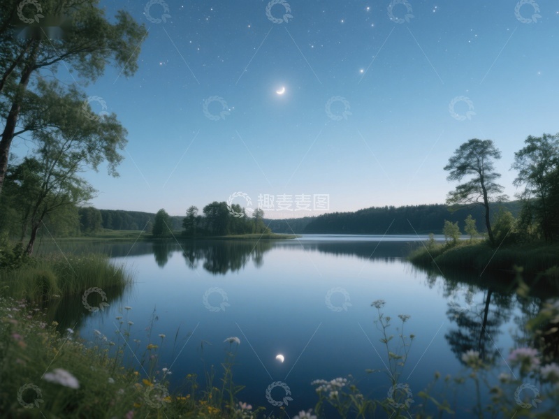 高清大图下载【趣麦麦图】宁静湖畔夜景，星光映照水面