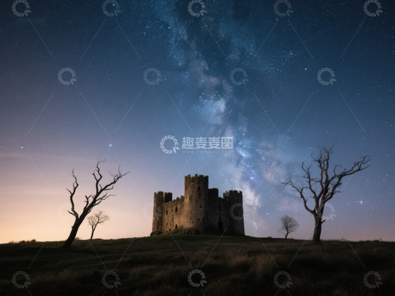 高清大图下载【趣麦麦图】夜空下的古堡与银河