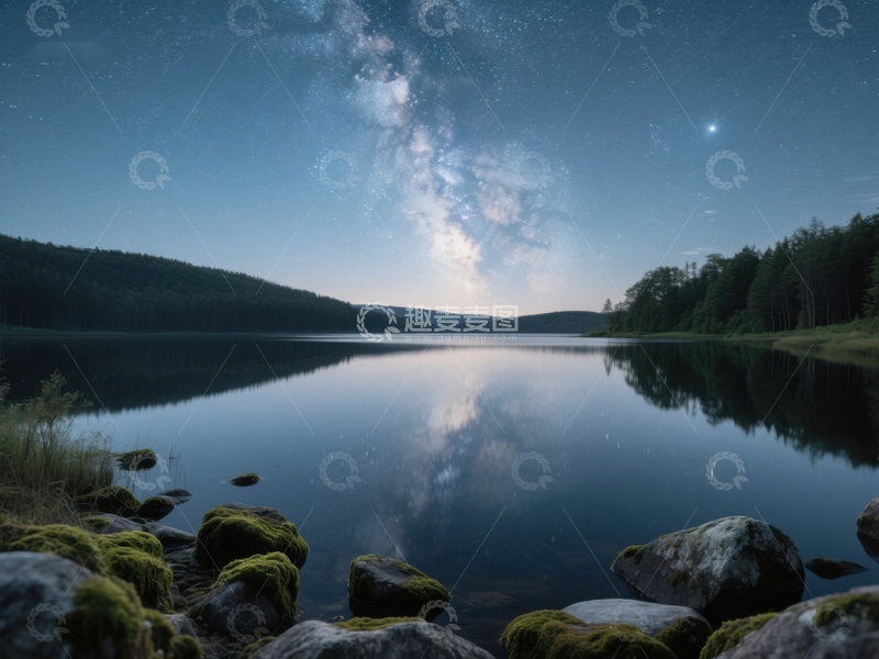 高清大图下载【趣麦麦图】夜空银河映湖面，静谧森林环绕