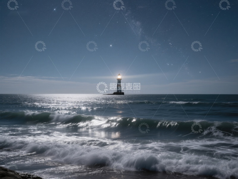 高清大图下载【趣麦麦图】夜幕下的灯塔与海浪