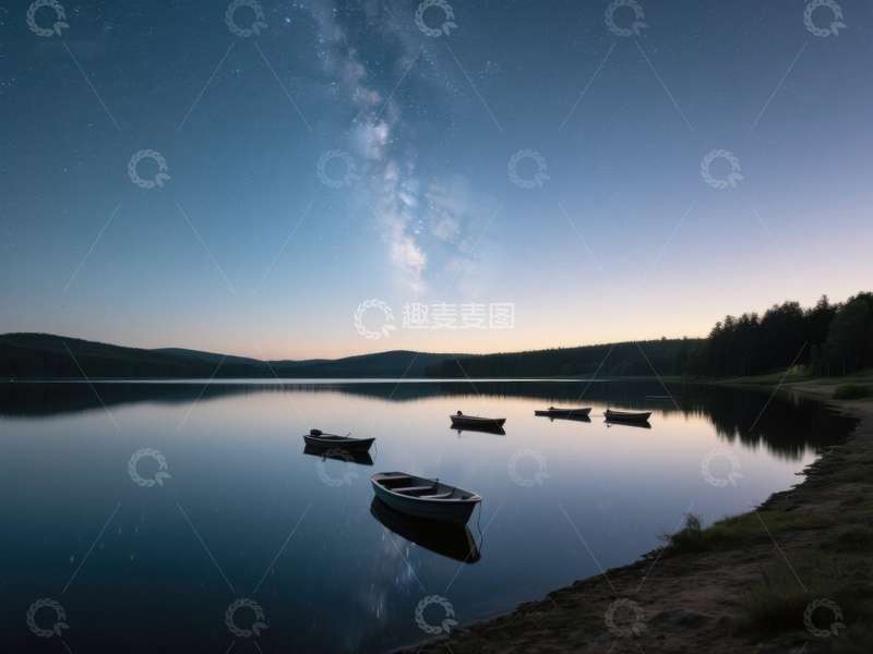 高清大图下载【趣麦麦图】夜空下的静谧湖面与小舟