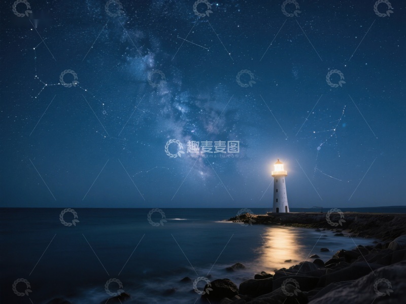 高清大图下载【趣麦麦图】夜空下的灯塔与银河
