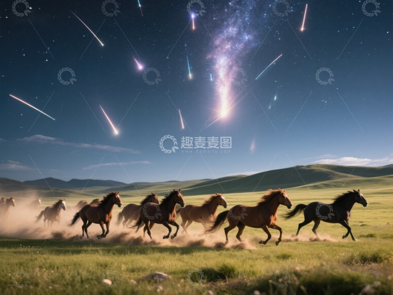 高清大图下载【趣麦麦图】夜空流星下奔腾的骏马