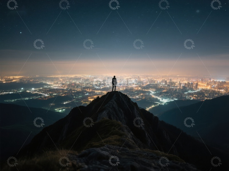高清大图下载【趣麦麦图】夜登山顶俯瞰城市灯火