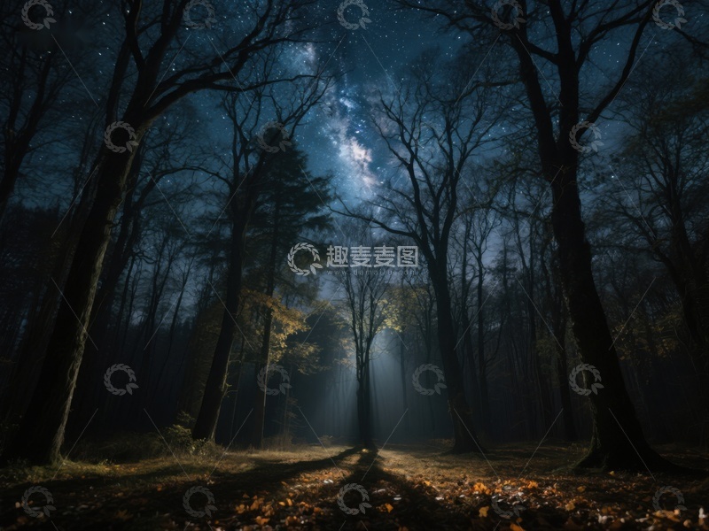 高清大图下载【趣麦麦图】夜幕森林，星光与月光交织