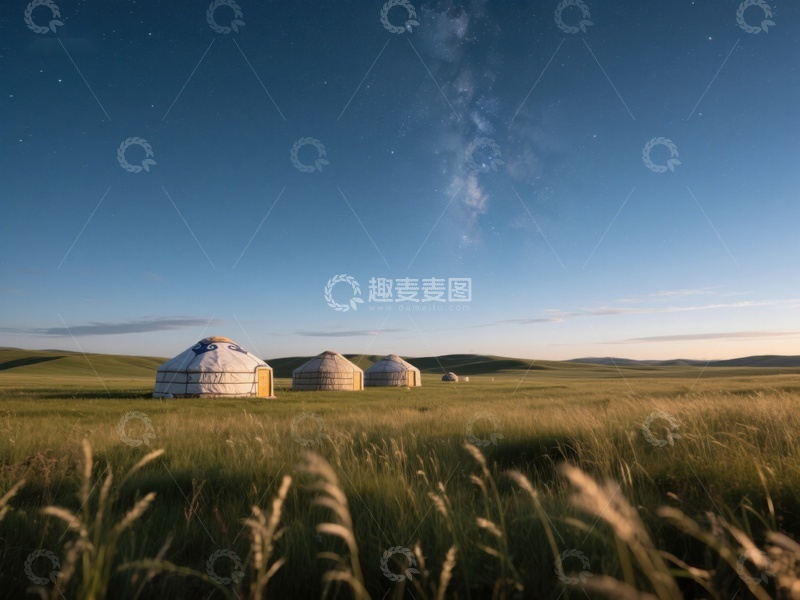 高清大图下载【趣麦麦图】草原上的蒙古包与星空