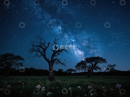 夜空下的孤树与银河