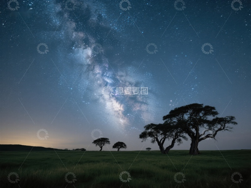 高清大图下载【趣麦麦图】银河横跨夜空，孤树点缀草原