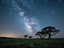 银河横跨夜空，孤树点缀草原