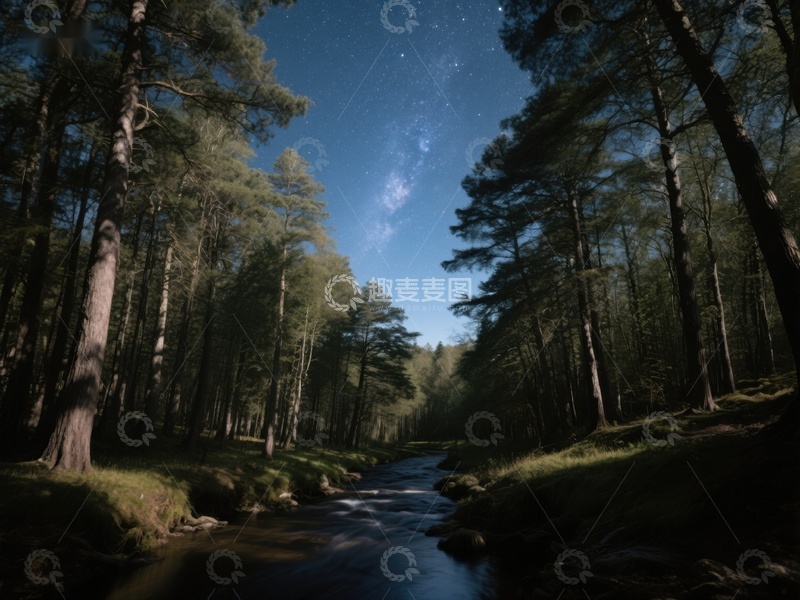 高清大图下载【趣麦麦图】夜空下的森林溪流