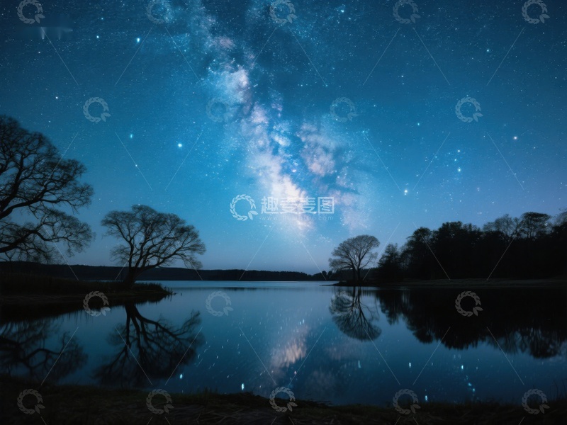 高清大图下载【趣麦麦图】银河映照湖面，夜空繁星点点