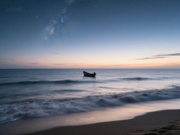 夜幕下的孤舟与海浪