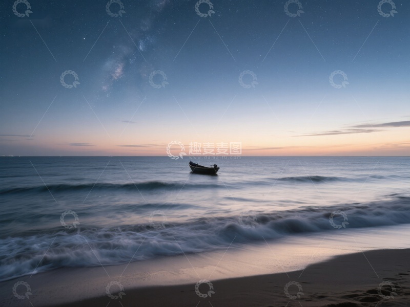高清大图下载【趣麦麦图】夜幕下的孤舟与海浪