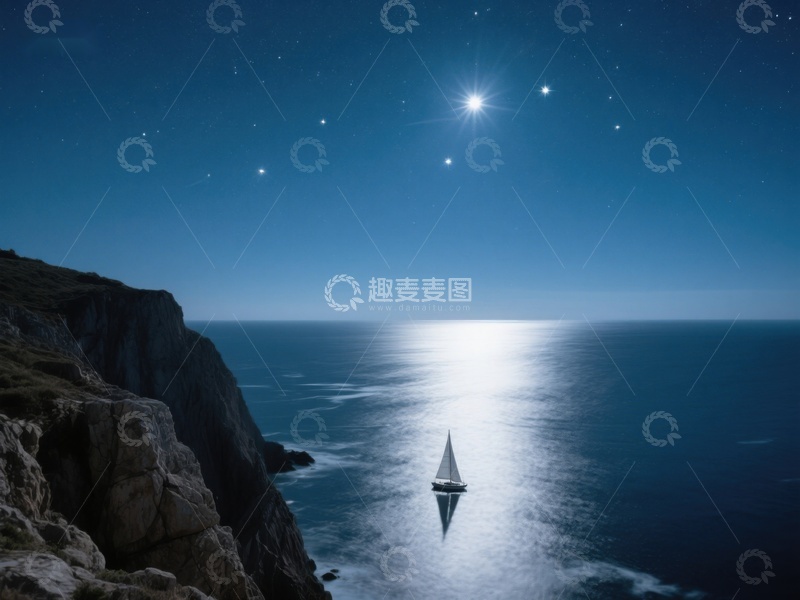 高清大图下载【趣麦麦图】夜海孤帆，星光璀璨