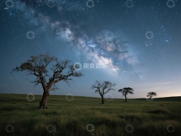 夜空下的孤树与银河
