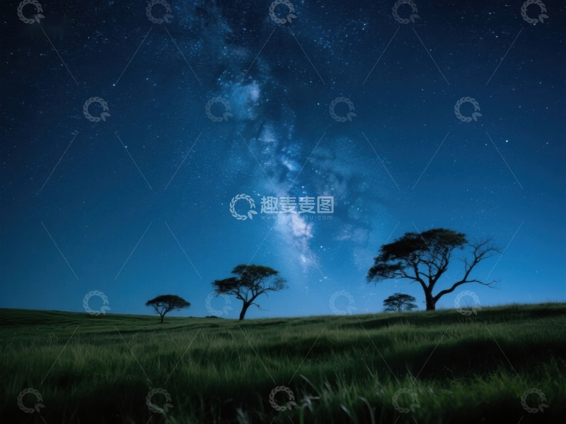 高清大图下载【趣麦麦图】夜空下的草原与银河
