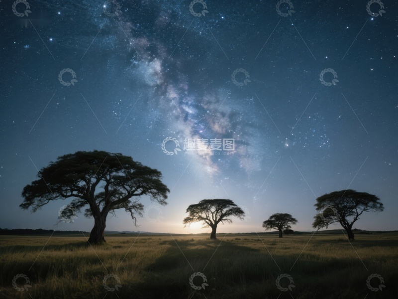 高清大图下载【趣麦麦图】星空下的草原与孤树