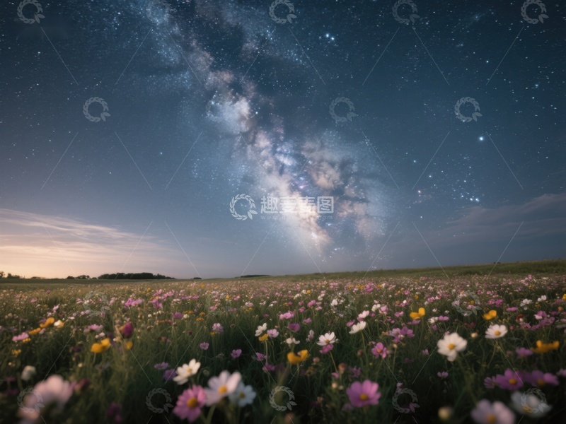 高清大图下载【趣麦麦图】夜空银河下的花海