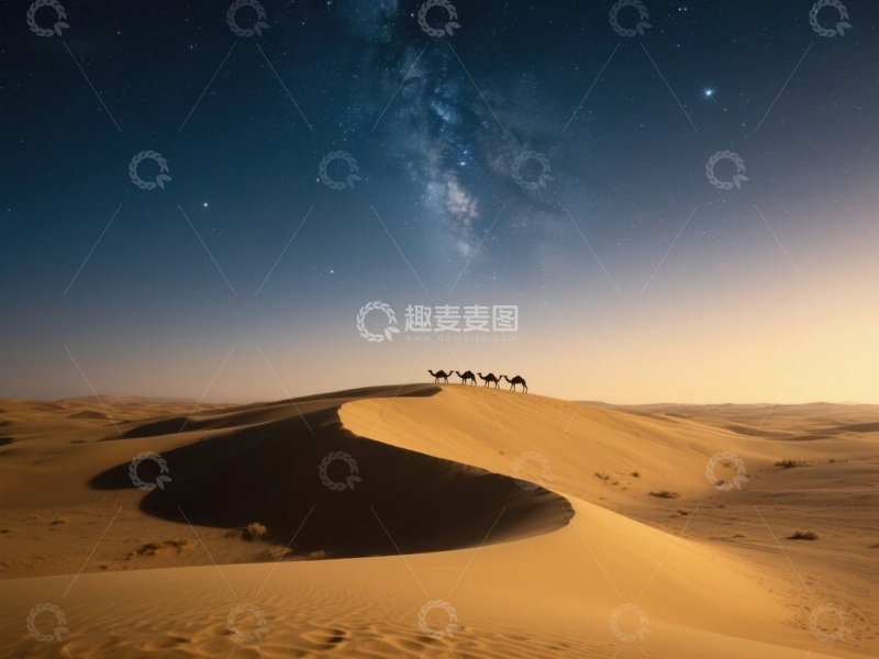 高清大图下载【趣麦麦图】沙漠夜景：骆驼队与银河