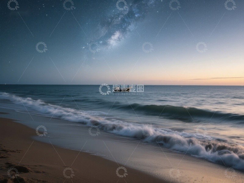 高清大图下载【趣麦麦图】夜空银河下的海边孤舟