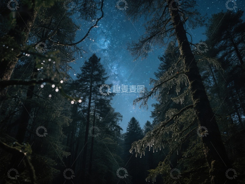 高清大图下载【趣麦麦图】夜空下的森林与星光