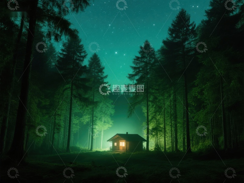 高清大图下载【趣麦麦图】夜幕森林中的温暖小屋