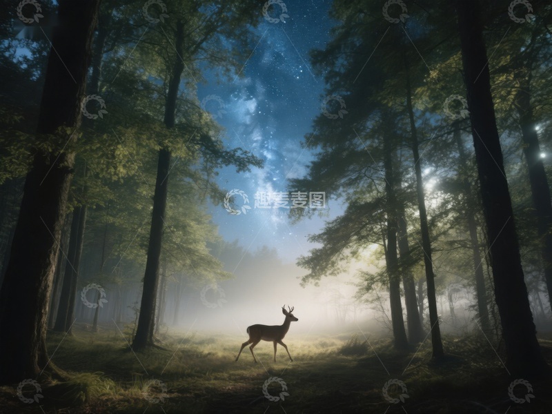 高清大图下载【趣麦麦图】夜幕森林中的鹿