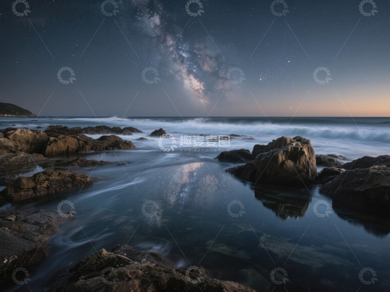 高清大图下载【趣麦麦图】夜空银河映照海岸岩石