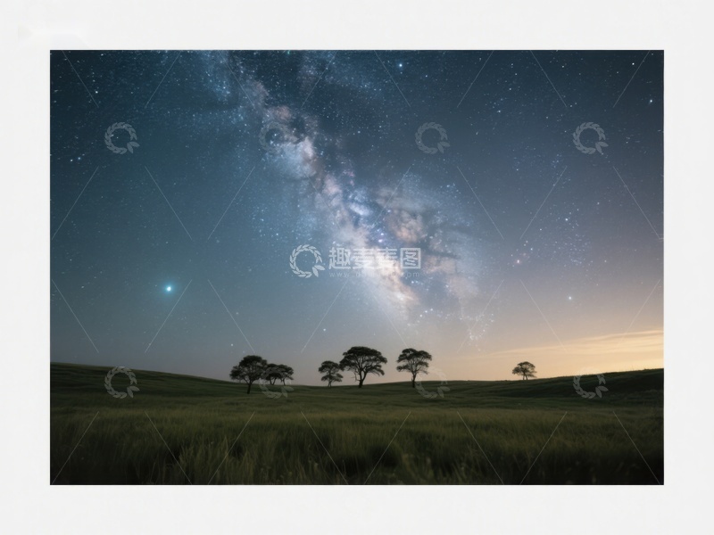 高清大图下载【趣麦麦图】银河横跨夜空，草原树木静谧