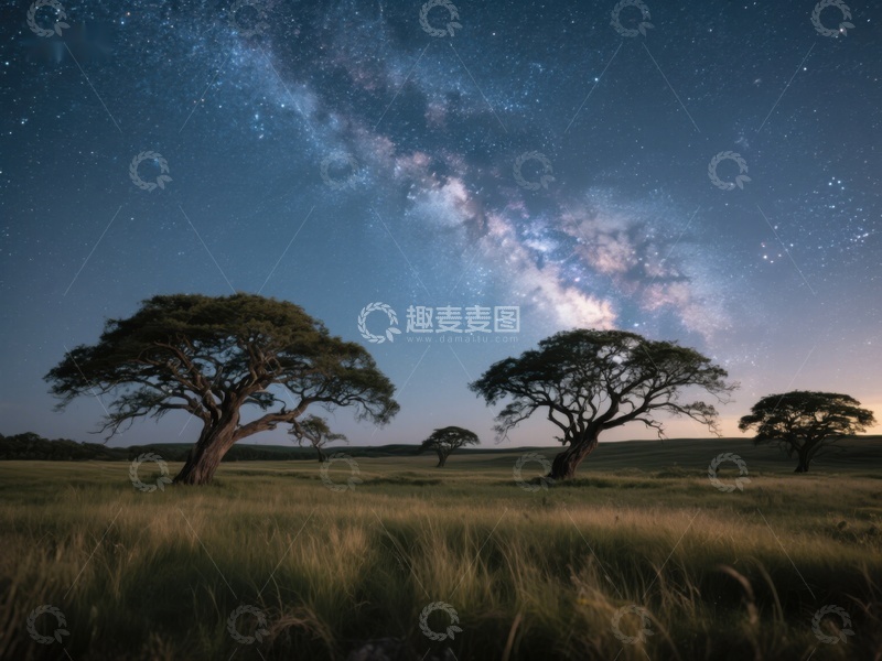 高清大图下载【趣麦麦图】星空下的孤树与草原