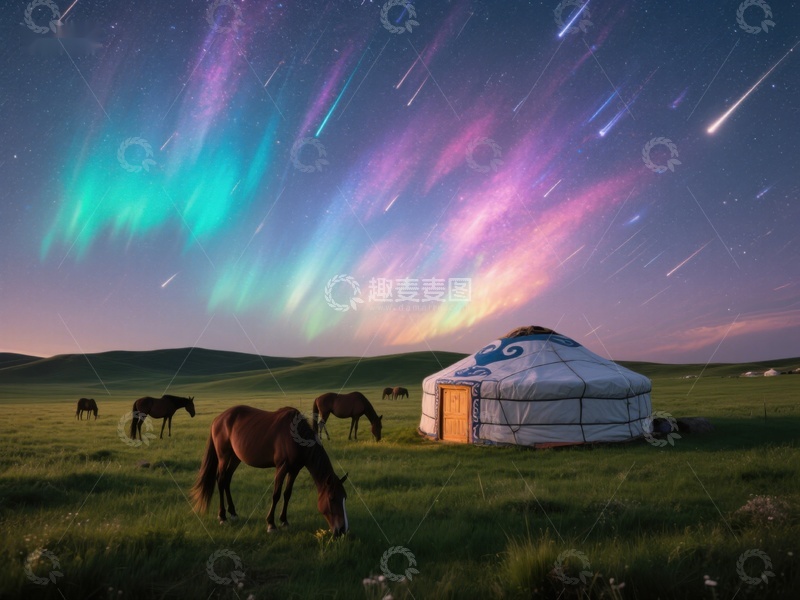高清大图下载【趣麦麦图】草原夜景：蒙古包与极光下的马群