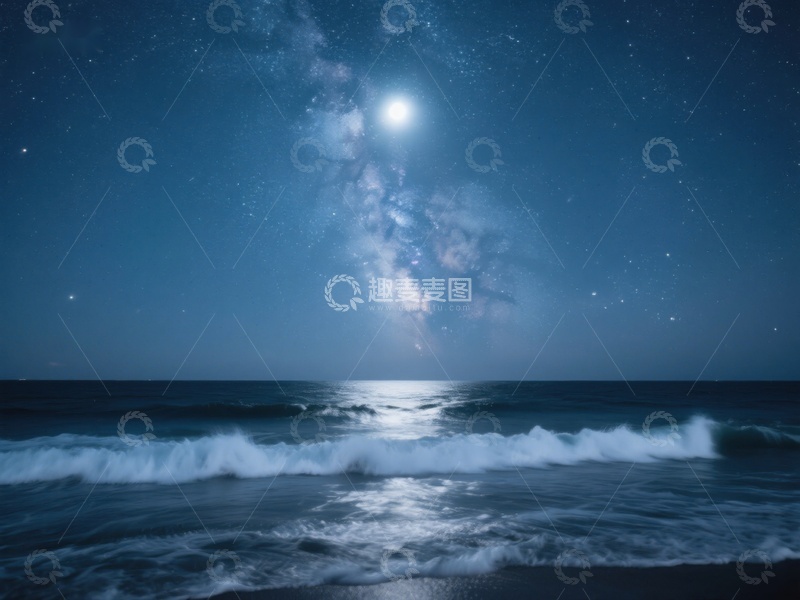 高清大图下载【趣麦麦图】月光下的海浪与星空