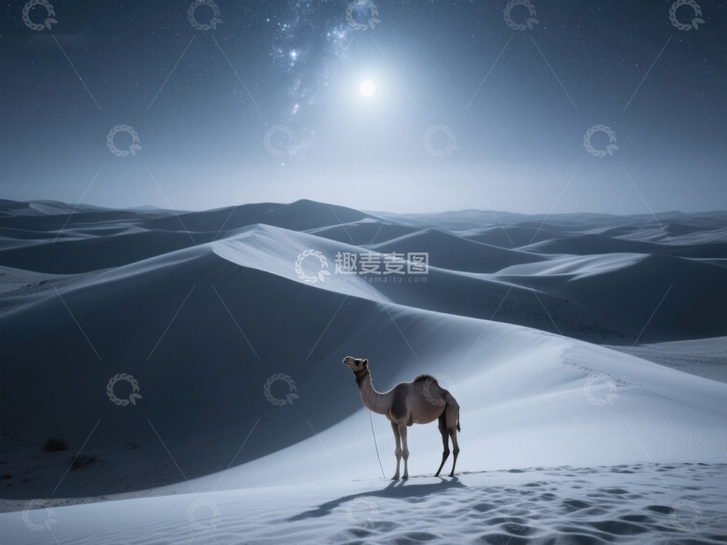 高清大图下载【趣麦麦图】月夜沙漠中的骆驼