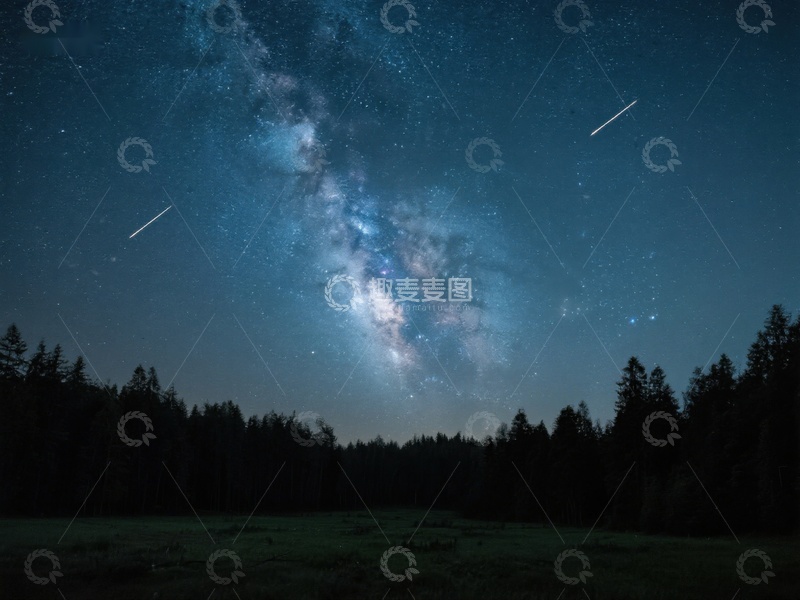 高清大图下载【趣麦麦图】银河横跨夜空，流星划过森林