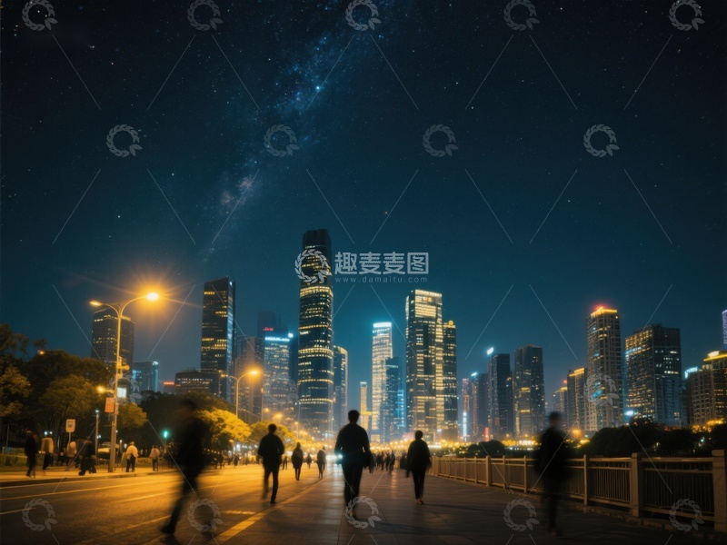 高清大图下载【趣麦麦图】夜幕下的城市天际线与星空