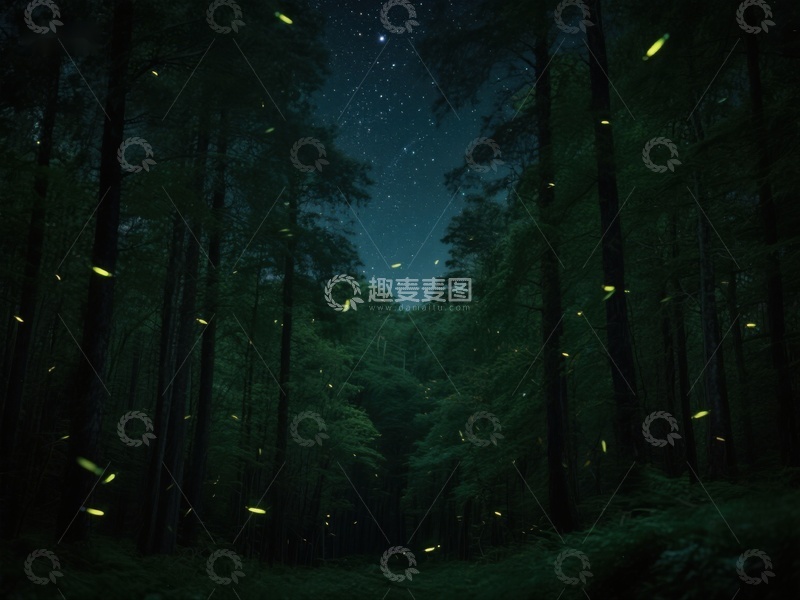 高清大图下载【趣麦麦图】夜幕森林中的萤火虫