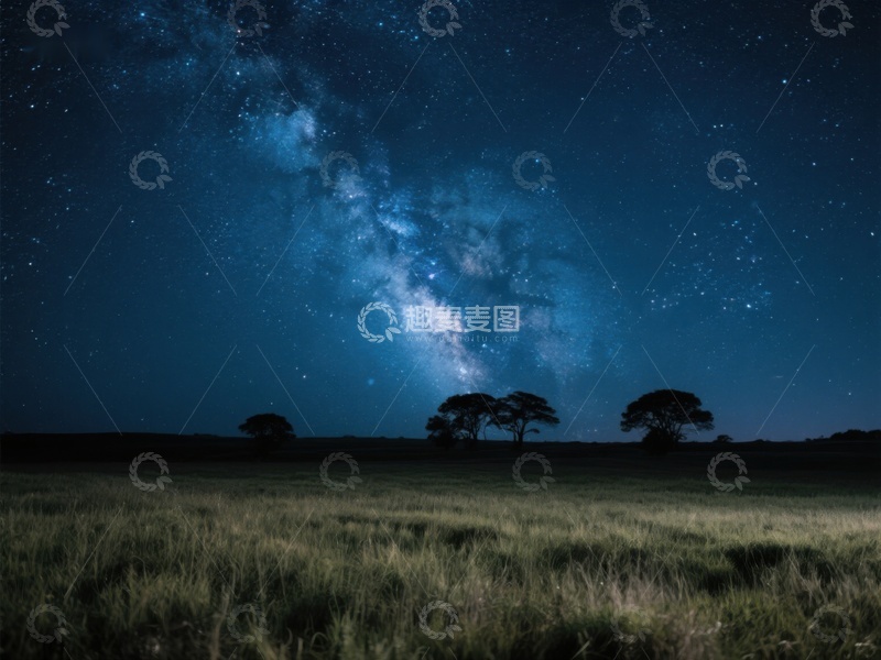 高清大图下载【趣麦麦图】夜空银河下的宁静草原