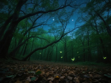 夜幕森林，萤火虫闪烁